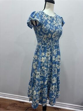 PATRONS OF PEACE Anthropologie Blue Floral Smocked Midi Dress Womens Size Large